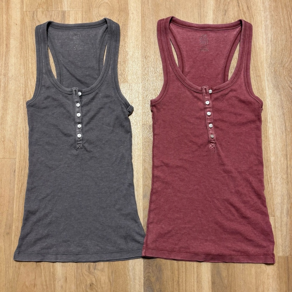 Aerie Burgandy and Gray Real Soft Button Down Ribbed Tank Top Bundle